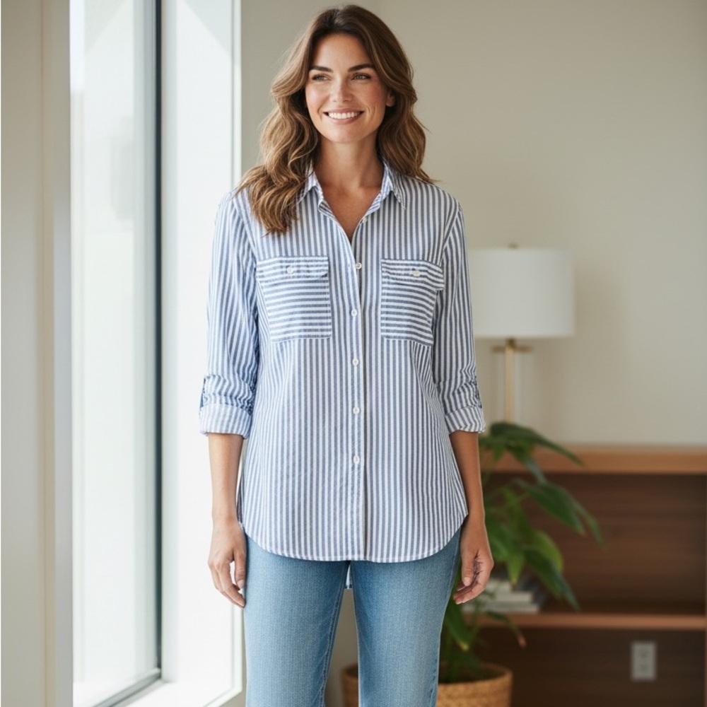 Tommy Hilfiger Women's Blue and White Striped Button-Down Shirt